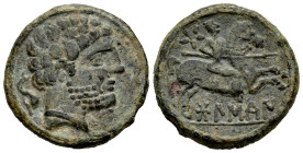 Bolskan. Unit. 180-20 BC. Huesca. (Abh-1918). (Acip-1419). Anv.: Bearded head right, dolphin behind. Rev.: Horseman right, holding spear, star above, ...