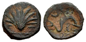 Arse-Saguntum. Sextans. 170-20 BC. Sagunto (Valencia). (Abh-2064). (Acip-1979). (C-35). Anv.: Seashell. Rev.: Dolphin right, crescent above and iberia...