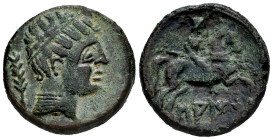 Saiti-Saetabi. Unit. 120-20 BC. Xátiva (Valencia). (Abh-2100). Anv.: Diademed male head right, ear of corn behind. Rev.: Horseman right, holding spear...