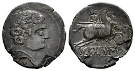 Sekobirikes. Denarius. 120-30 BC. Saelices (Cuenca). (Abh-2169). (Acip-1869). (C-5). Anv.: Male head right, crescent and pellet behind, iberian letter...