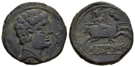 Sekoberikes. Unit. 120-30 a.C. Saelices (Cuenca). (Abh-2176). Anv.: Male head right, dolphin before, behind palm and below iberian letter S. Rev.: Hor...