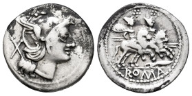Anonymous. Denarius. 208-206 BC. Uncertain mint. (Ffc-33). (Craw-109/1). (Cal-13a). Anv.: Head of Roma right, X behind. Rev.: The Dioscuri riding righ...