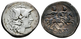 Anonymous. Denarius. 200-190 BC. Rome. (Ffc-39). (Craw-113/1). (Cal-39). Anv.: Head of Roma right, X behind. Rev.: The Dioscuri riding right, stars ab...