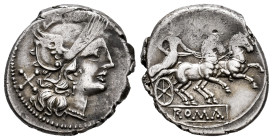 Anonymous. Denarius. 179-170 BC. Rome. (Ffc-75). (Craw-158/1). (Cal-50). Anv.: Head of Roma right, X behind. Rev.: Diana in biga right, crescent above...