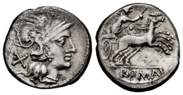 Anonymous. Denarius. 157-156 BC. Rome. (Ffc-77). (Craw-197/1). (Cal-52). Anv.: Head of Roma right, X behind. Rev.: Victory holding whip, in bigra righ...