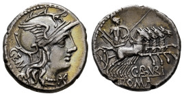 Aburius. C. Aburius Geminus. Denarius. 134 BC. Rome. (Ffc-89). (Craw-244/1). (Cal-61). Anv.: Head of Roma right, GEM behind. H below chin. Rev.: Mars ...