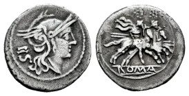 Anonymous. Sestertius. 211 a.C. Rome. (Craw-44/7). Anv.: Palas head, behind IIS. Rev.: The Dioscuri, each holding spear, on horseback riding right. Tw...