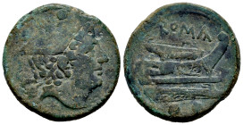 Anonymous. Sextans. 217-215 a.C. Rome. (Craw-38/5). (Sydenham-85). (McCabe-Group AA). Anv.: Head of Mercury to right, wearing winged petasos; •• (mark...