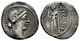Acilius. Man. Acilius Glabrio. Denarius. 55 BC. Rome. (Ffc-94). (Craw-442/1a). (Cal-66). Anv.: Laureate head of Salus right, but SALVATIS upwards behi...