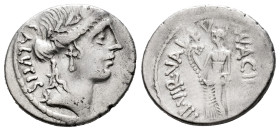 Acilius. Man. Acilius Glabrio. Denarius. 55 BC. Rome. (Ffc-95). (Craw-442/1a). (Cal-67). Anv.: Laureate head of Salus right, but SALVATIS downwards be...