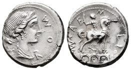 Aemilius. Man. Aemilius Lepidus. Denarius. 114-113 BC. South of Italy. (Ffc-103). (Craw-291/1). (Cal-73). Anv.: Laureate and diademed head of Roma sli...