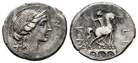 Aemilius. Man. Aemilius Lepidus. Denarius. 114-113 BC. South of Italy. (Ffc-103). (Craw-291/1). (Cal-73). Anv.: Laureate and diademed head of Roma sli...