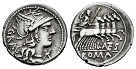 Antestius. L. Antestius Gragulus. Denarius. 136 BC. Rome. (Ffc-151). (Craw-238/1). (Cal-127). Anv.: Head of Roma right, X beneath chin. GRAG behind he...