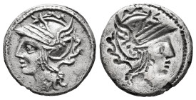 Appuleius. Lucius Appuleius Saturninus. Brockage Denarius. 104 BC. Rome. (Ffc-162). (Craw-317/3a). (Cal-226). Anv.: Head of Roma left. Rev.: Incuse of...
