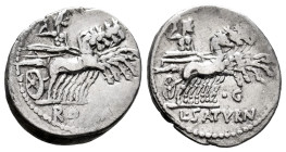 Appuleius. Lucius Appuleius Saturninus. Denarius. 104 BC. Rome. (Ffc-163). (Craw-317/2). (Cal-227). Anv.: Saturn in quadriga right, ROMA in exergue. R...