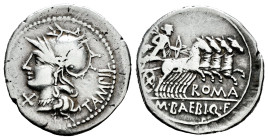 Baebius. Marcius Baebius Q.f. Tampilus. Denarius. 137 BC. Rome. (Ffc-198). (Craw-326/1a). (Cal-269). Anv.: Head of Roma Ieft, X below chin, TAMPIL, be...