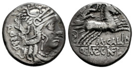 Calidius. M. Calidius, Q. Caecilius y C. Fulvius. Denarius. 117-116 BC. Norte de Italia. (Ffc-223). (Craw-284/1a). (Cal-298). Anv.: Head of Roma right...