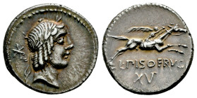 Calpurnius. C. Calpurnius Piso Frugi. Denarius. 64 BC. Rome. (Ffc-356). (Craw-340/1). (Sydenham-671c). Anv.: Diademed head of Apolo right, Latin lette...