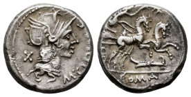 Cipius. M. Cipius M.F. Denarius. 115-114 BC. Uncertain mint. (Ffc-563). (Craw-289/1). (Cal-422). Anv.: Head of Roma right, M. CIPI M.F., before, X beh...