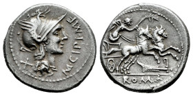 Cipius. M. Cipius M.F. Denarius. 115-114 BC. Uncertain mint. (Ffc-563). (Craw-289/1). (Cal-422). Anv.: Head of Roma right, M. CIPI M.F., before, X beh...