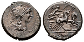 Cipius. M. Cipius M.F. Denarius. 115-114 BC. Rome. (Ffc-563). (Craw-289/1). (Cal-422). Anv.: Head of Roma right, M. CIPI (M.F.), before, X behind. Rev...