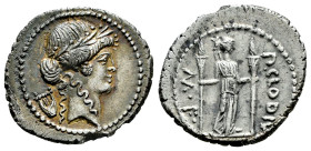 Claudia. P. Claudius M.f. Turrinus. Denarius. 42 BC. Rome. (Ffc-569). (Craw-494/23). (Cal-428). Anv.: Laureate head of Apollo right, lyre behind. Rev....