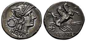 Cloulius. T. Cloelius. Denarius. 128 BC. Rome. (Ffc-572). (Craw-260/1). (Cal-435). Anv.: Head of Roma right, wreath behind, ROMA below. Rev.: Victory ...
