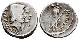 Cordius. Manius Cordius Rufus. Denarius. 46 BC. Rome. (Ffc-605). (Craw-463/1b). (Cal-468). Anv.: Conjoined heads of the Dioscuri right, each wearing p...