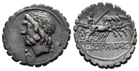 Cornelius. L. Cornelius Scipio Asiagenus. Denarius. 106 BC. Rome. (Ffc-613). (Craw-311/1b). (Cal-474). Anv.: Laureate head of Jupiter Ieft, letter bel...