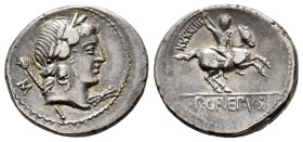 Crepusius. Publius Crepusius. Denarius. 82 BC. Rome. (Ffc-658). (Craw-361/1c). (Cal-523). Anv.: Laureate head of Apollo right, sceptre over shoulder, ...