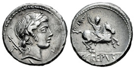 Crepusius. Publius Crepusius. Denarius. 82 BC. Rome. (Ffc-659). (Craw-361/1b). (Cal-524). Anv.: Laureate head of Apollo right, sceptre and letter T ov...