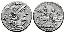 Cupiennius. L. Cupiennius. Denarius. 147 BC. Rome. (Ffc-665). (Craw-218/1). (Cal-530). Anv.: Head of Roma right, X below chin, cornucopiac behind. Rev...