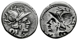 Curiatius. Caius Curiatius Trigéminos. Incuse denarius. 142 BC. Rome. (Ffc-666). (Craw-223/1). (Cal-531). Anv.: Head of Roma right, (TRI)GE behind. X ...