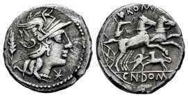 Domitius. Cn. Domitius Ahenobarbus. Denarius. 128 BC. Rome. (Ffc-680). (Craw-261/1). (Cal-543). Anv.: Head of Roma right, X below chin, ear of corn be...