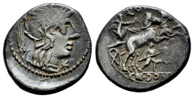 Domitius. Cn. Domitius Ahenobarbus. Denarius. 128 BC. Rome. (Ffc-680). (Craw-261/1). (Cal-543). Anv.: Head of Roma right, X below chin, ear of corn be...