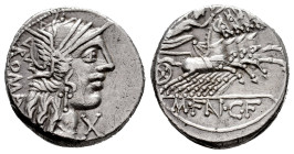 Fannius. Mareius Fannius C.f. Denarius. 123 BC. Auxiliary mint of Rome. (Ffc-705). (Craw-275/1). (Cal-576). Anv.: Head of Roma right, X below chin, RO...
