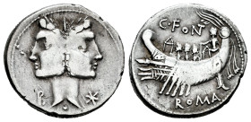 Fonteius. C. Fonteius. Denarius. 114-113 BC. South of Italy. (Ffc-713). (Craw-290/1). (Cal-585). Anv.: Janiform head, Fons or Fontus, laureate, X on r...