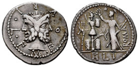 Furius. M. Furius L.f. Philus. Denarius. 119 BC. Central Italy. (Ffc-730). (Craw-281/1). (Cal-600). Anv.: M. FOVRI. L.F. around laureate head of Janus...