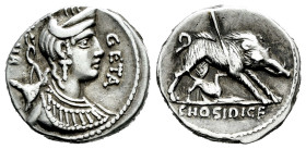 Hosidius. C. Hosidius C.f. Geta. Denarius. 68 BC. South of Italy. (Ffc-748). (Craw-407/2). (Cal-618). Anv.: Diademed head of Diana draped right, bow a...