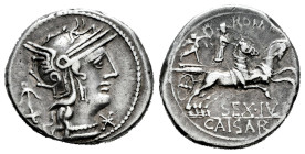 Julius. Sexergue Julius Caesar. Denarius. 129 BC. Rome. (Ffc-761). (Craw-258/1). (Cal-629). Anv.: Head of Roma right, anchor behind, X below chin. Rev...