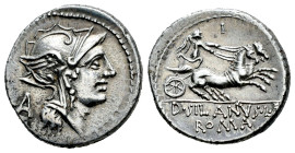 Junius. D. Junius Silanus L.f. Denarius. 91 BC. Rome. (Ffc-789). (Craw-337/3). (Cal-869). Anv.: Head of Roma right, letter A behind. Rev.: Victoy in b...