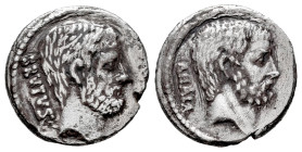 Junius. Q. Caepio Brutus. Denarius. 54 BC. Rome. (Ffc-792). (Craw-433/2). (Cal-872). Anv.: BRVTVS behind head of L. Junius Brutus, the Ancient. Rev.: ...