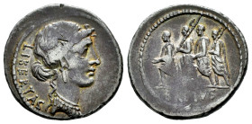 Junius. Q. Caepio Brutus. Denarius. 54 BC. Rome. (Ffc-794). (Craw-433/1). (Cal-873). Anv.: LIBERTAS behind head of Liberty right. Rev.: The consul L. ...
