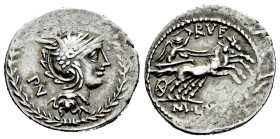 Lucilia. M. Lucilius Rufus. Denarius. 101 BC. Norte de Italia. (Ffc-821). (Craw-324/1). (Cal-909). Anv.: P.V., behind head of Roma right, within laure...