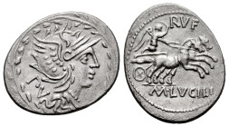 Lucilia. M. Lucilius Rufus. Denarius. 101 BC. Norte de Italia. (Ffc-821). (Craw-324/1). (Cal-909). Anv.: P.V., behind head of Roma right, within laure...