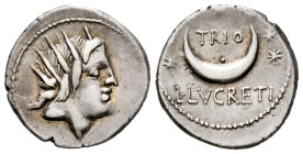 Lucretius. L. Lucretius Trio. Denarius. 76 BC. Rome. (Ffc-826). (Craw-390/1). (Cal-912). Anv.: Radeated head of Sol right. Rev.: TRIO., within crescen...