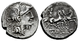 Mallius. T. Mallius Mancinus Appius. Denarius. 111-110 BC. Rome. (Ffc-834). (Craw-299/1b). (Cal-919). Anv.: Head of Roma right, circle in square behin...