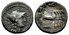 Manlius. L. Manlius Torquatus. Denarius. 82 BC. Military mint travelling with Sulla. (Ffc-839). (Craw-367/5). (Cal-924). Anv.: Head of Roma right, L. ...