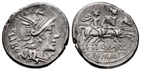 Marcius. Q. Marcius Libo. Denarius. 148 BC. Rome. (Ffc-848). (Craw-215/1). (Cal-932). Anv.: Head of Roma right, X below chin, LIBO behind. Rev.: The D...