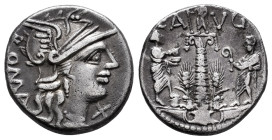 Minucius. C. Minucius Augurinus. Denarius. 135 BC. Auxiliary mint of Rome. (Ffc-924). (Craw-242/1). (Cal-1025). Anv.: Head of Roma right, X beneath ch...